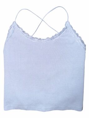 American Eagle Outfitters Cross-Strap Lace-Trim Ribbed Cami - Light Blue